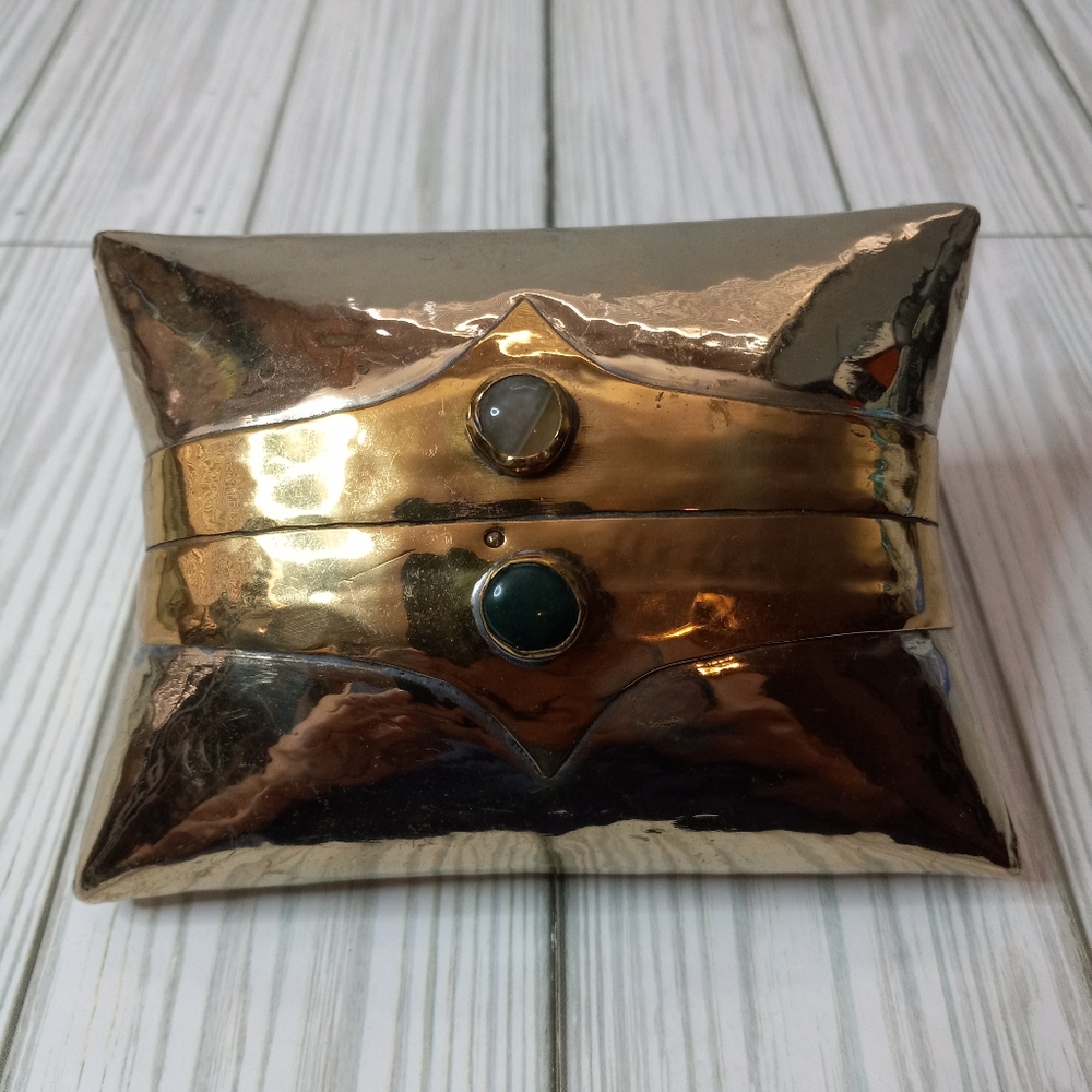 Vintage 1970s Brass Metal Gemstone Mini Minaudière Pillow Evening Clutch Purse